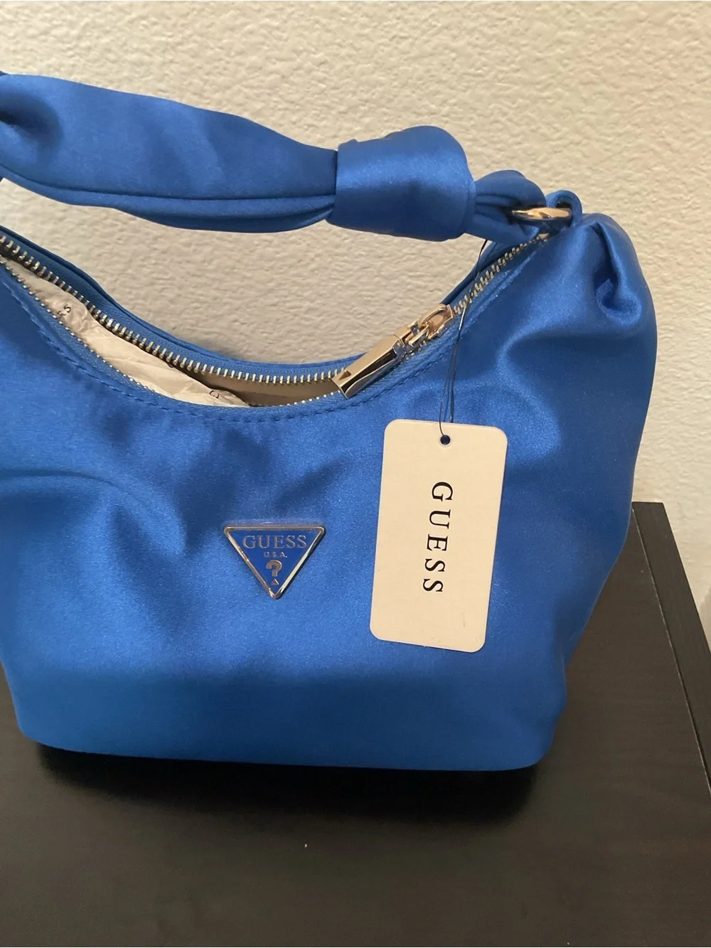 GUESS Cobalt Blue Satin Knot-Handle Hobo Bag Velina  Purse